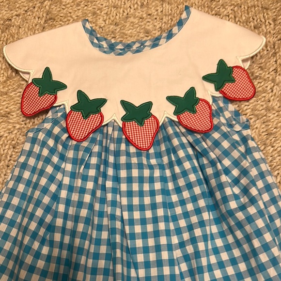 Blue and White Gingham Kids Dress with Strawberry Accents - Picture 2 of 3